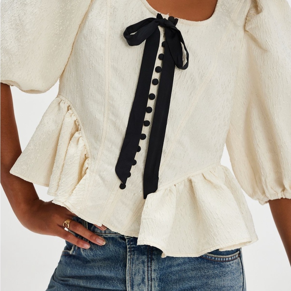 Free People Cream Pamela bow Blouse with Black Bow
